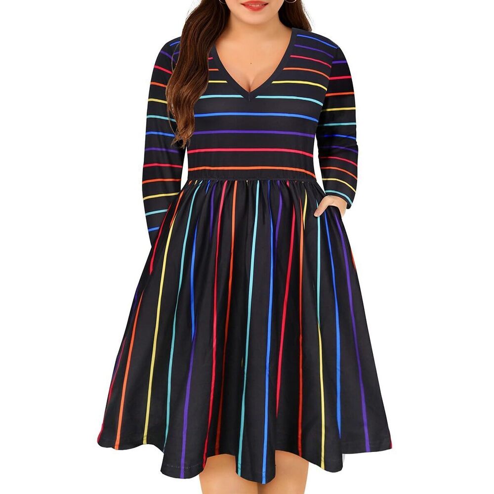 5605 Plus Size Dress V Neck Black Striped Long Sleeve Dresses Rainbow